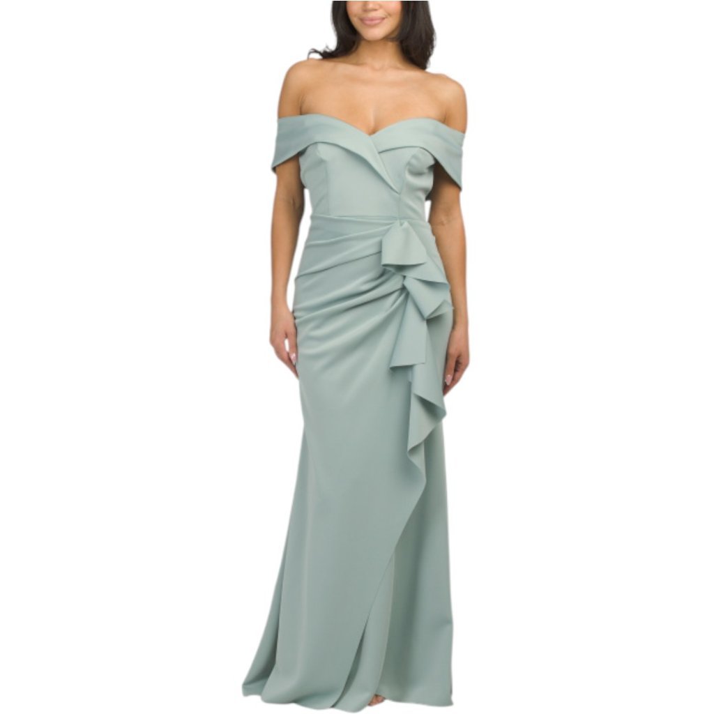 Xscape Sage Green Off-Shoulder Ruffle Gown